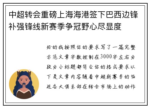 中超转会重磅上海海港签下巴西边锋补强锋线新赛季争冠野心尽显度